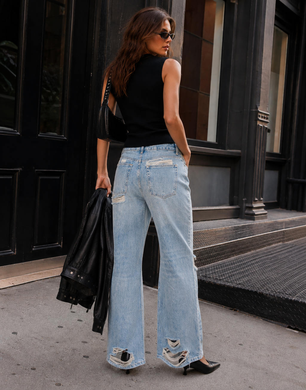 Distressed Straight Leg Jeans - Denim