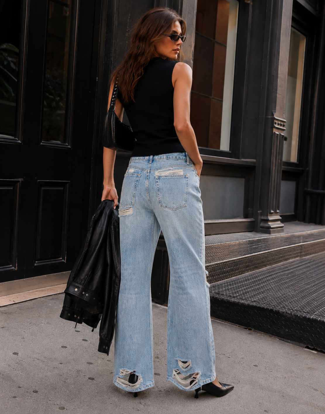 Distressed Straight Leg Jeans - Denim