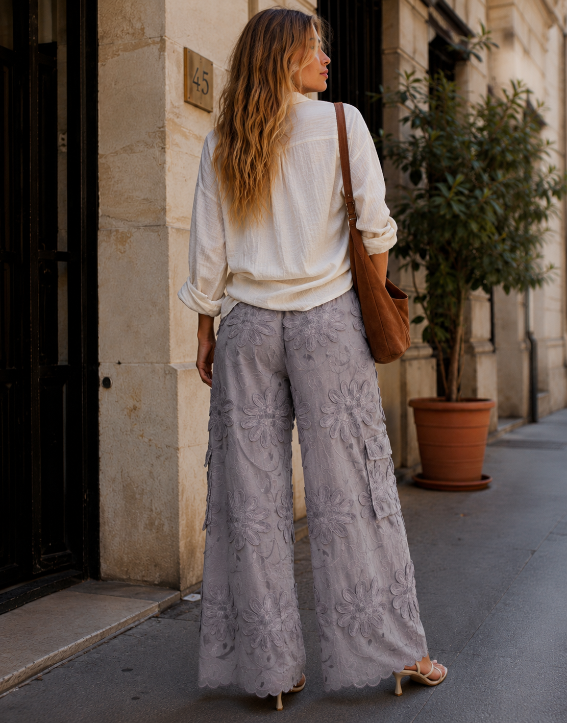 Wide Leg Pant with Embroidery Patchwork - Grey