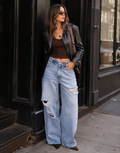Crossover Waist Baggy Jeans - Denim