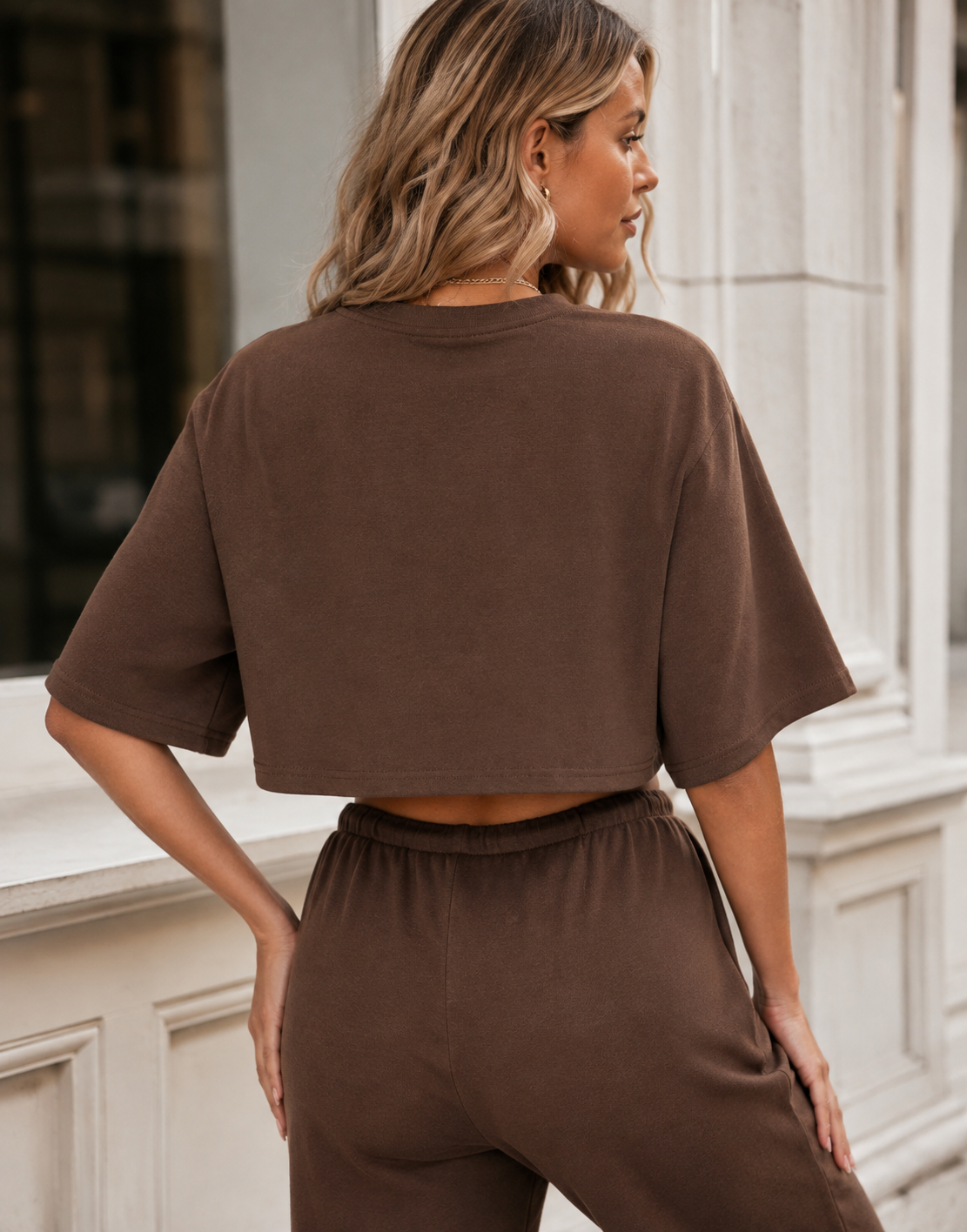 Crop Tee And Wide-Leg Pant Set - Brown