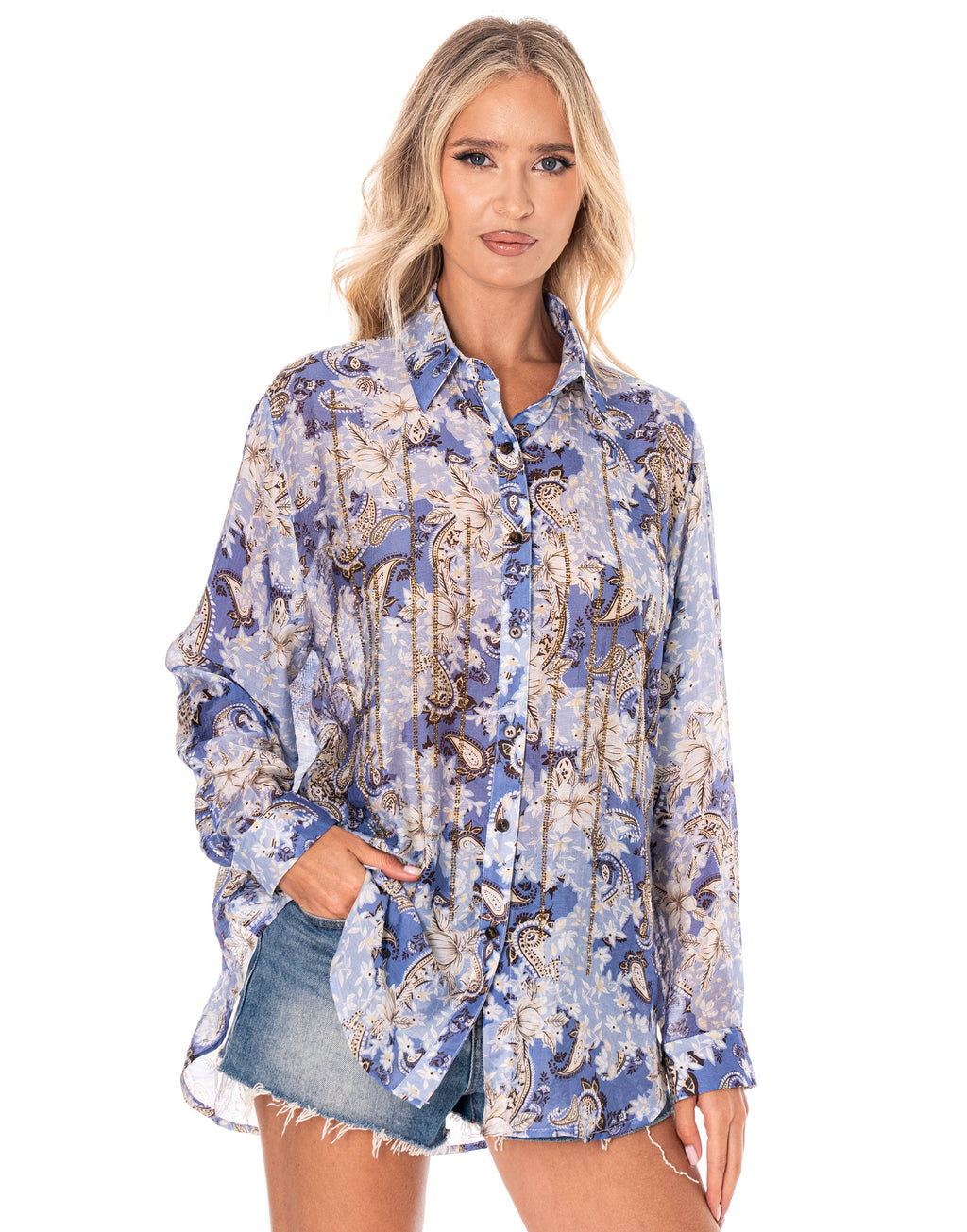 Printed Long-Sleeve Button-Down Shirt - Multi