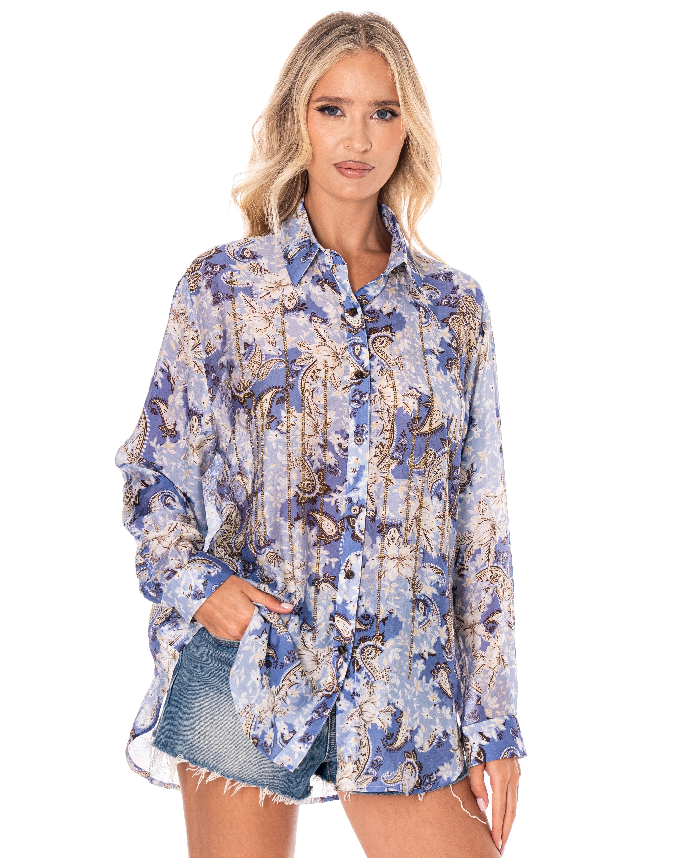 Printed Long-Sleeve Button-Down Shirt - Multi