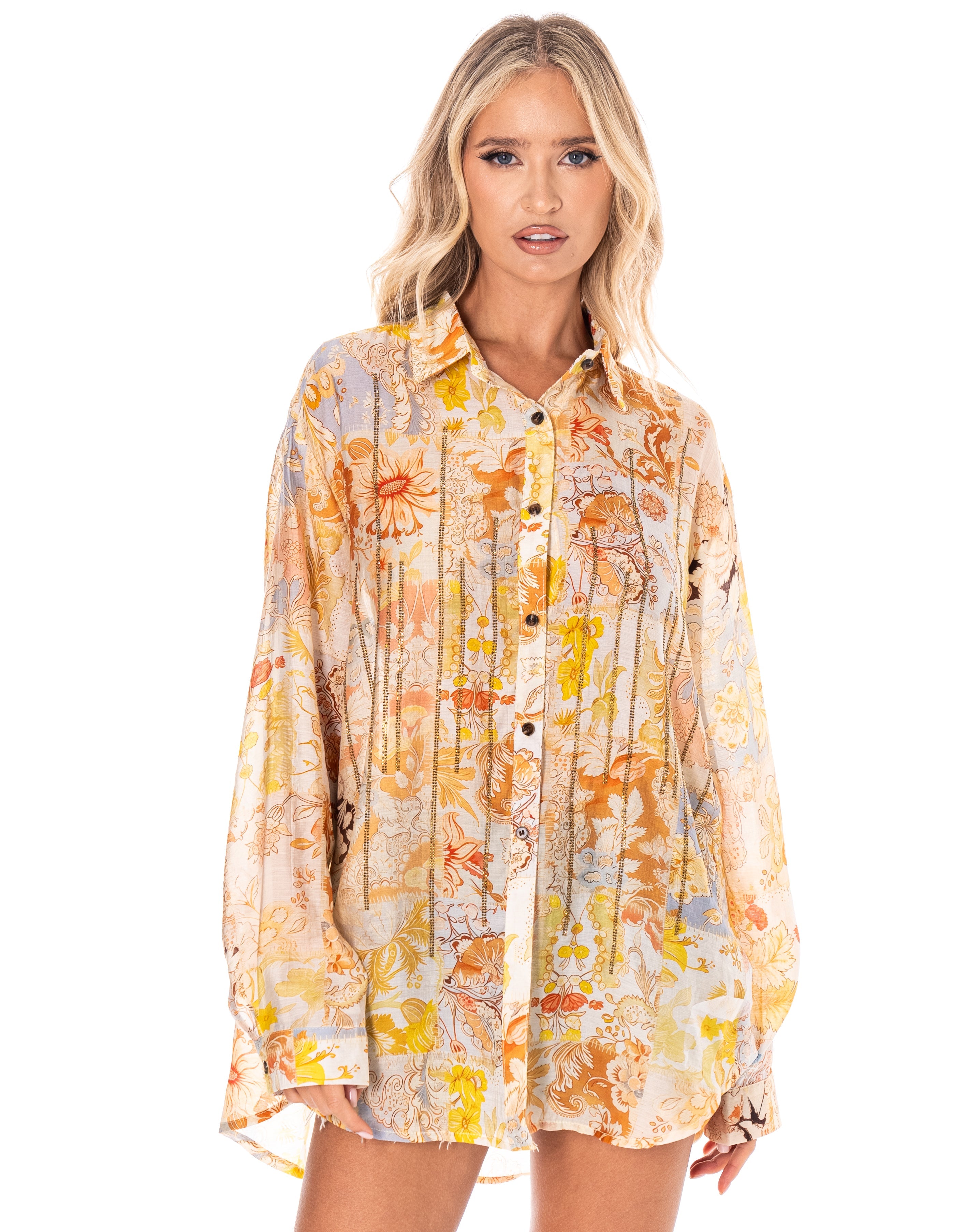 Floral Button-Down Tunic Top - Multi