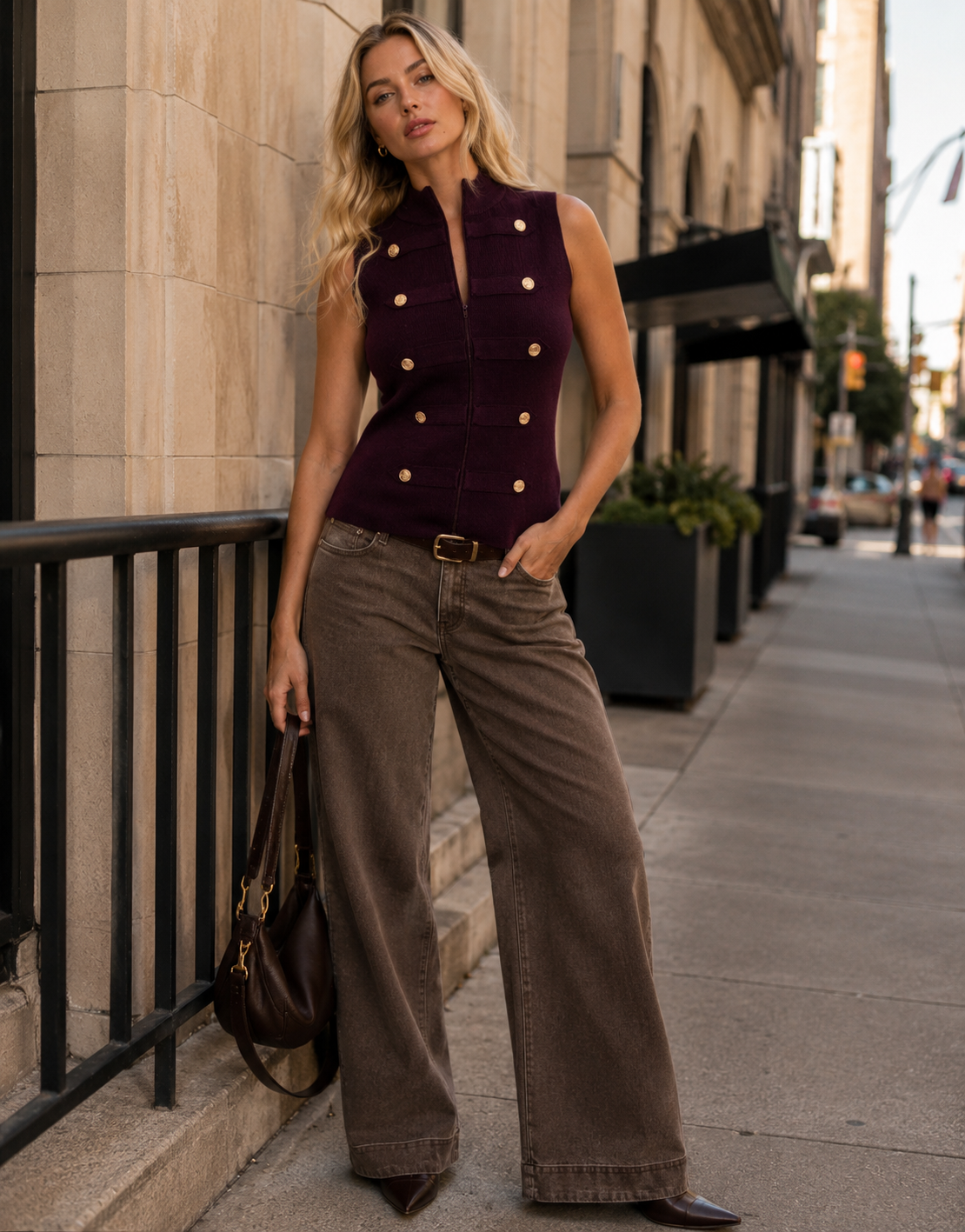 Military Button Vest - Burgundy
