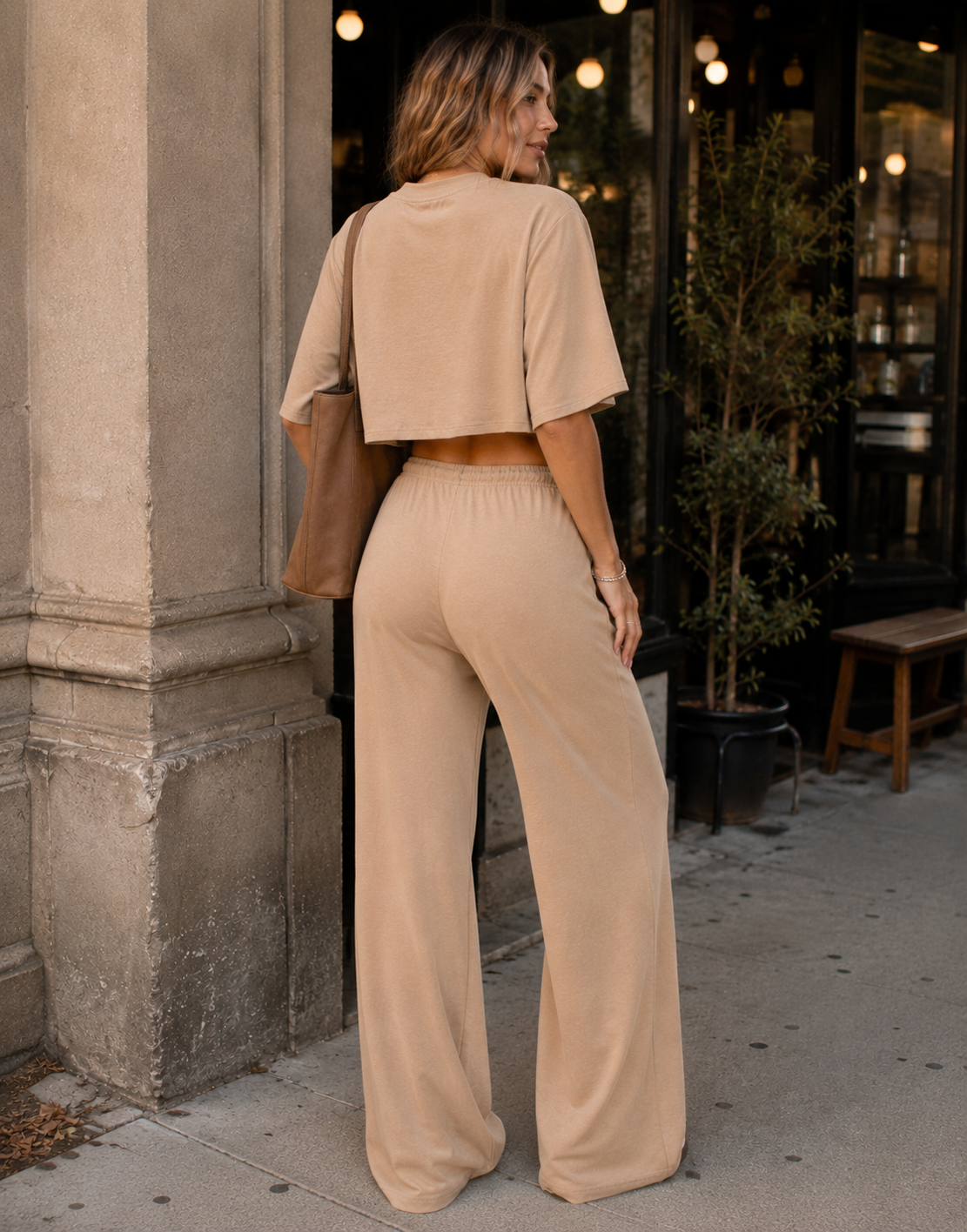 Crop Tee And Wide-Leg Pant Set - Camel