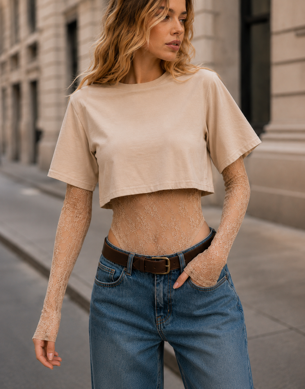 Lace Bodysuit With Boxy Cropped Tee Combo - Beige