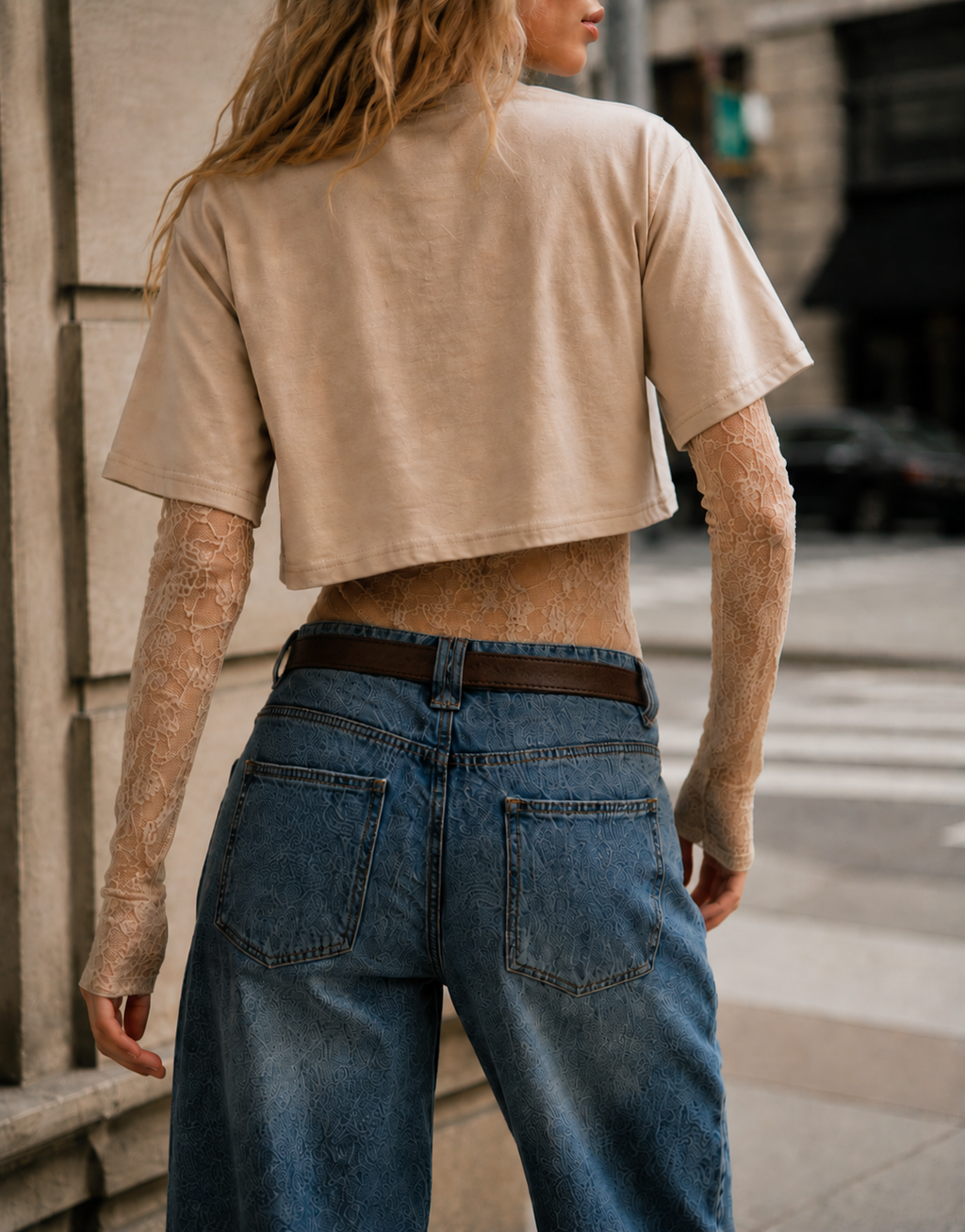 Lace Bodysuit With Boxy Cropped Tee Combo - Beige