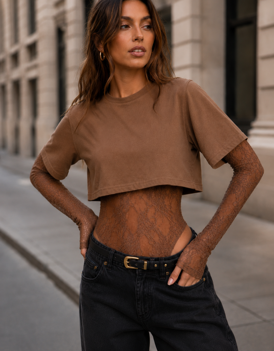 Lace Bodysuit With Boxy Cropped Tee Combo - Brown