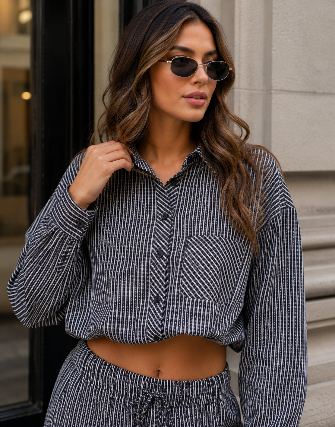 Striped Shirt And Pant Set - Black