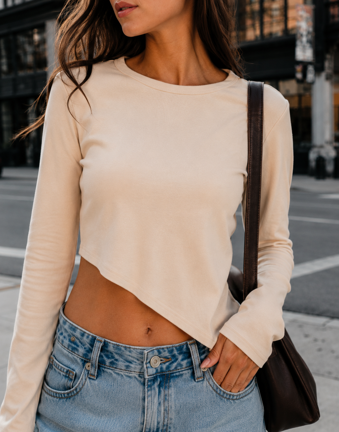 Long-Sleeve Asymmetric Crop Top - Apricot