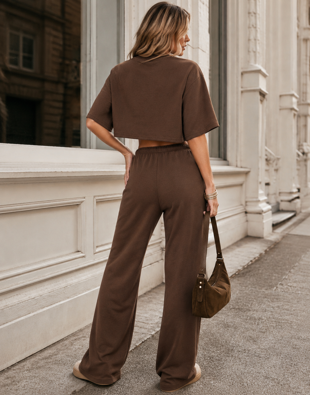Crop Tee And Wide-Leg Pant Set - Brown