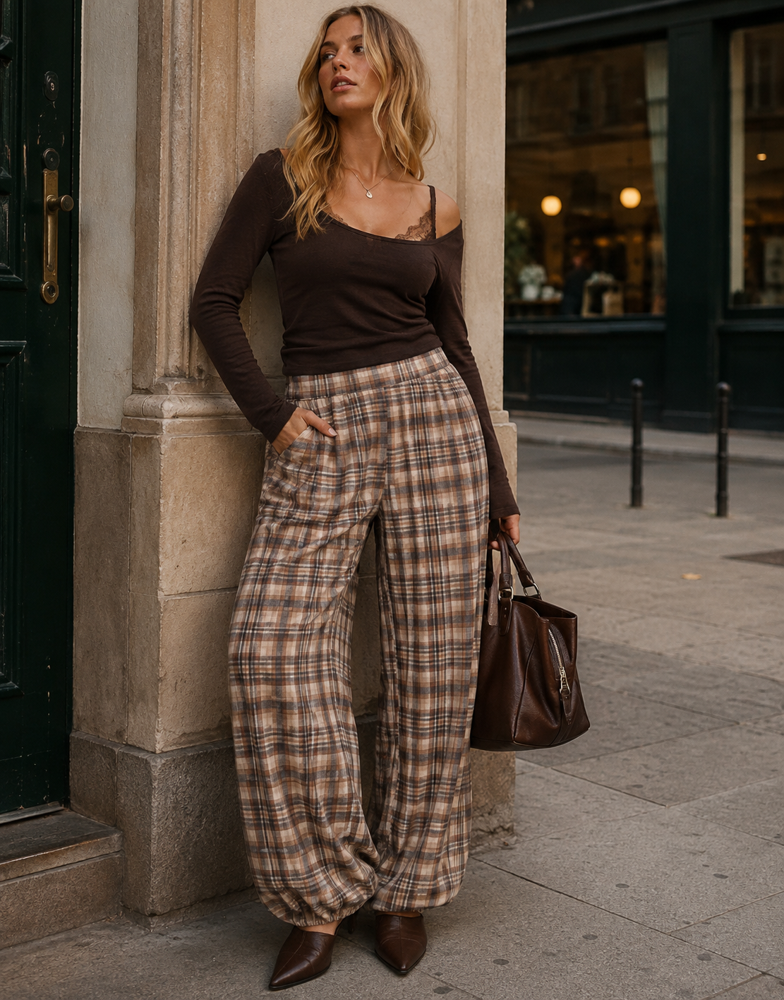 Plaid Harem Pants - Brown