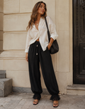Lace-Panel Wide-Leg Pant - Black