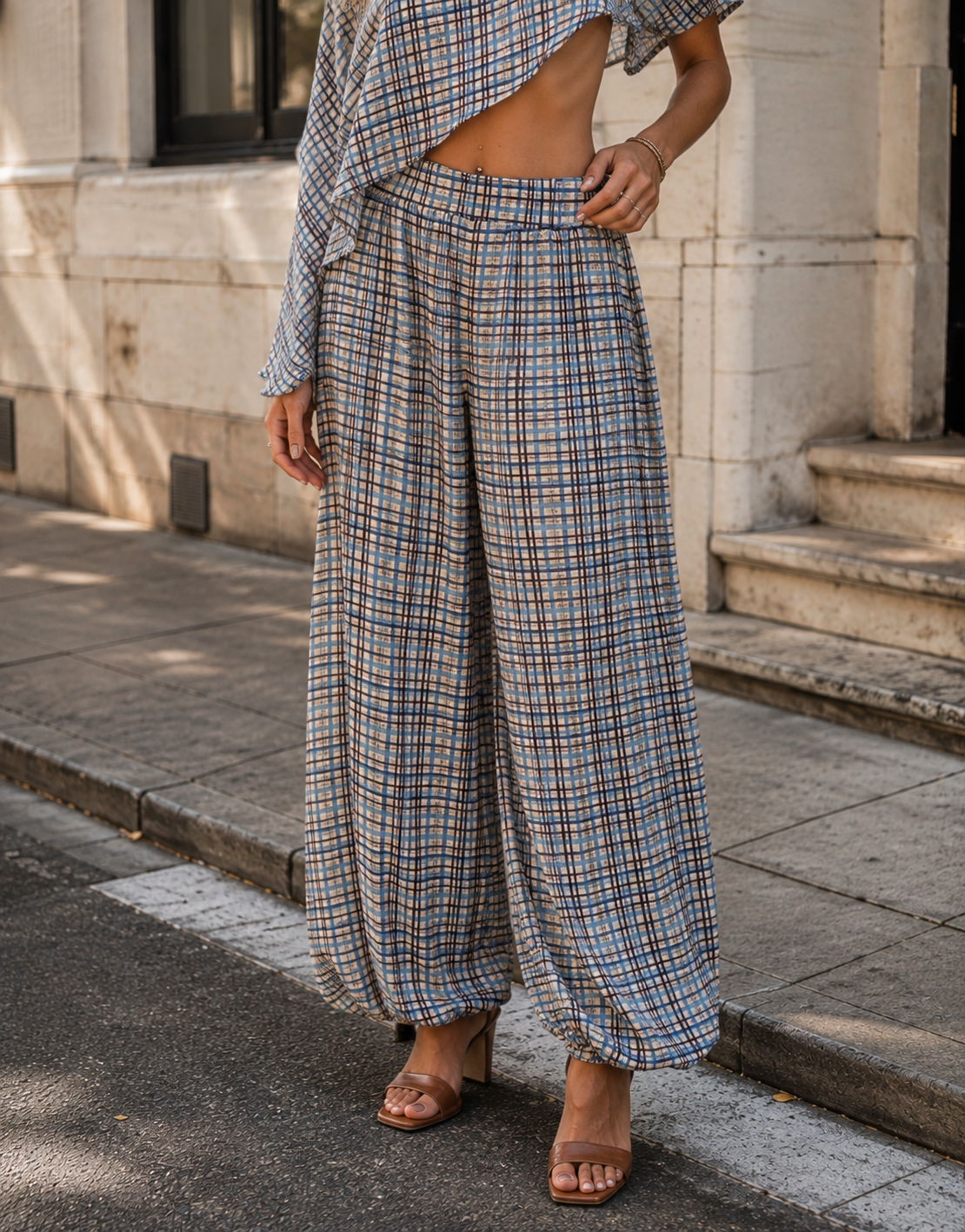 Plaid Cape Top and Pants Matching Set - Light Blue
