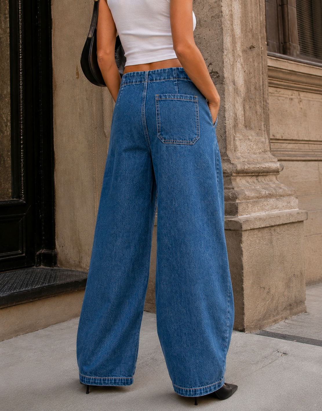 Pleated Barrel Leg Jeans - Denim
