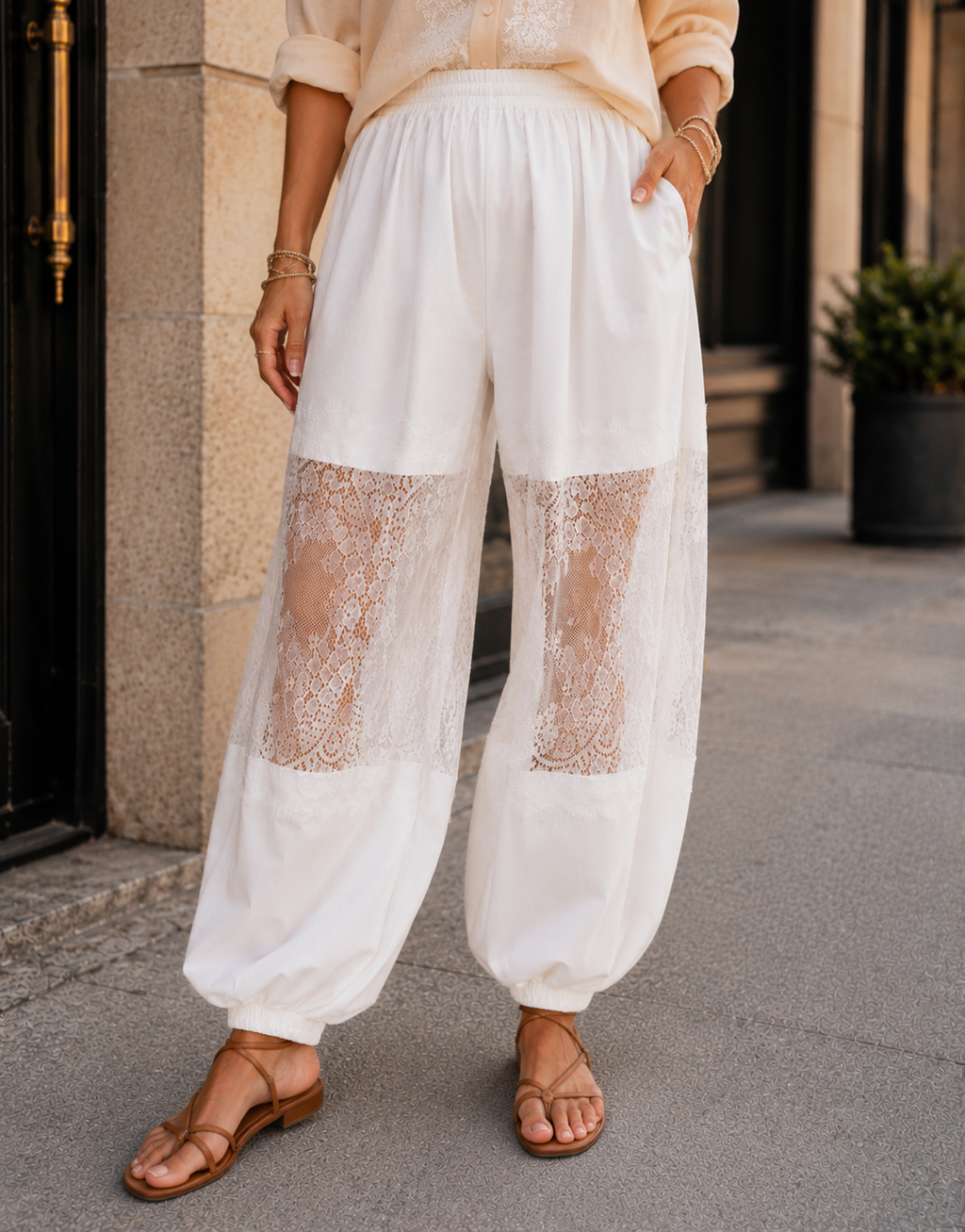 Lace Balloon Pant - White