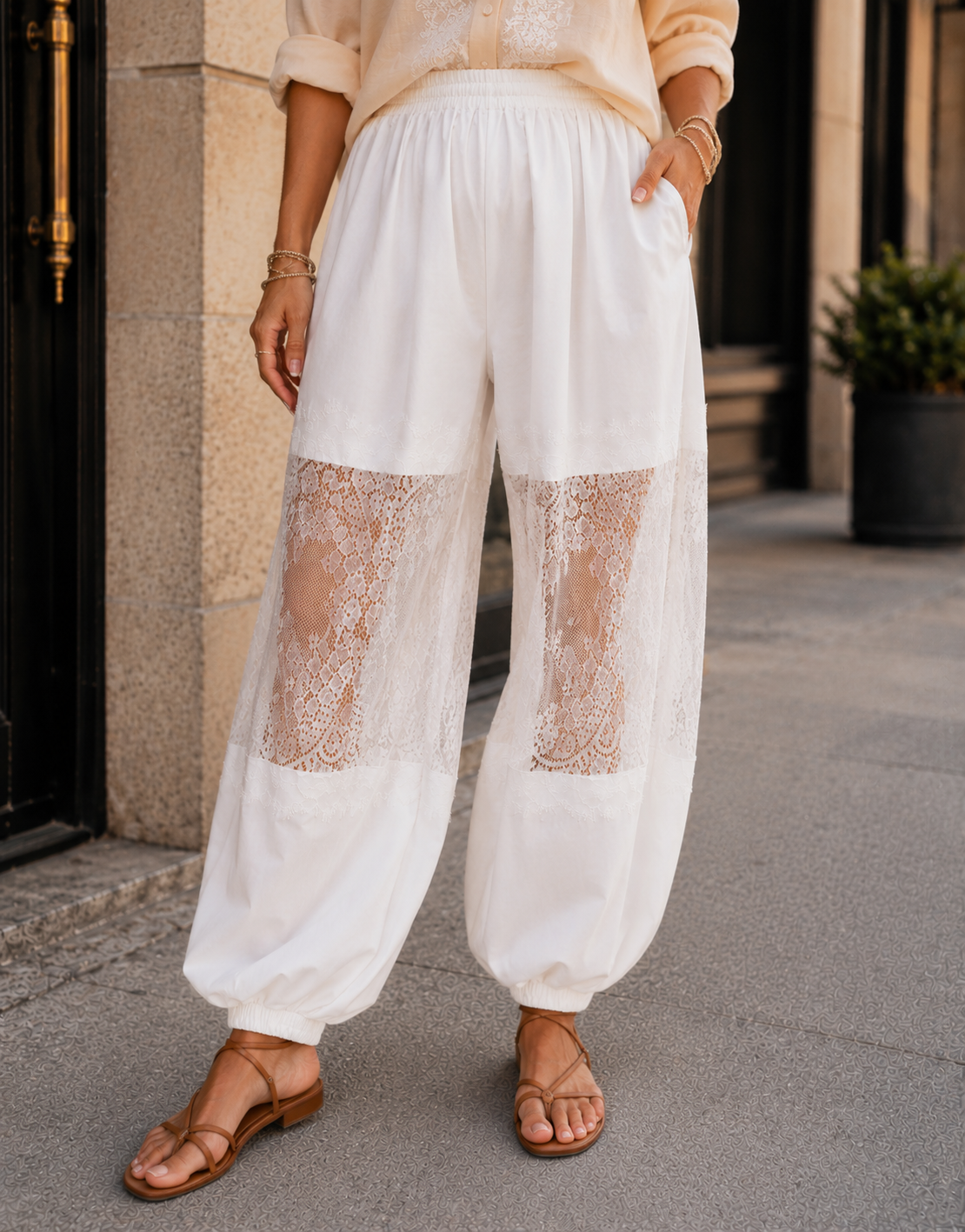 Lace Balloon Pant - White