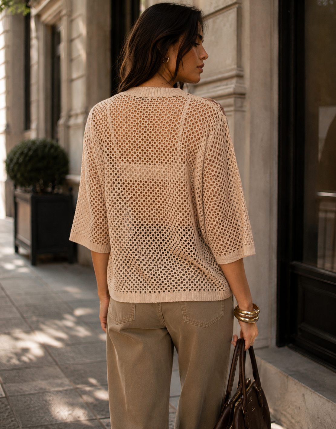 Floral Mesh Tee - Camel