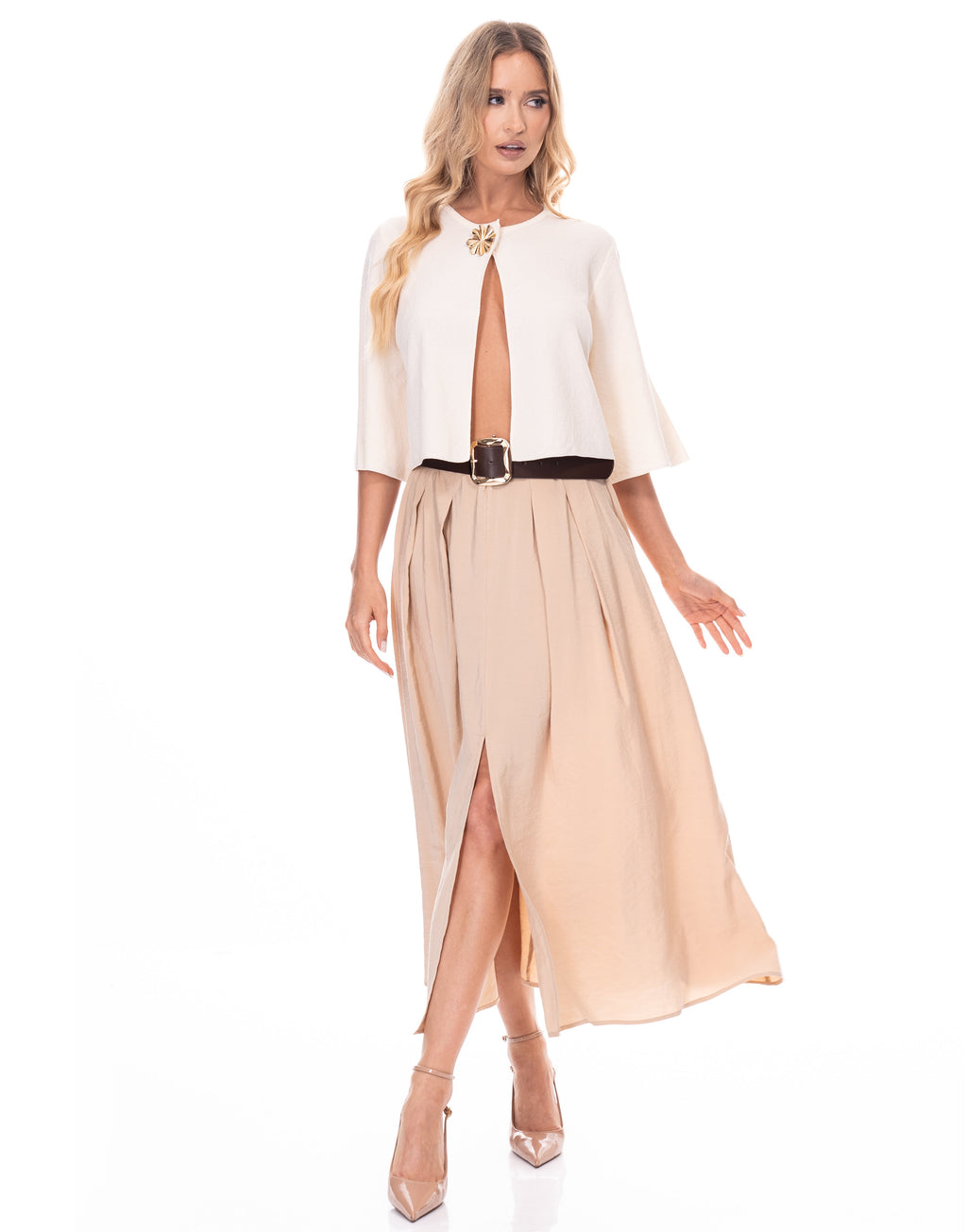 Pleated Midi Skirt with Slit - Beige