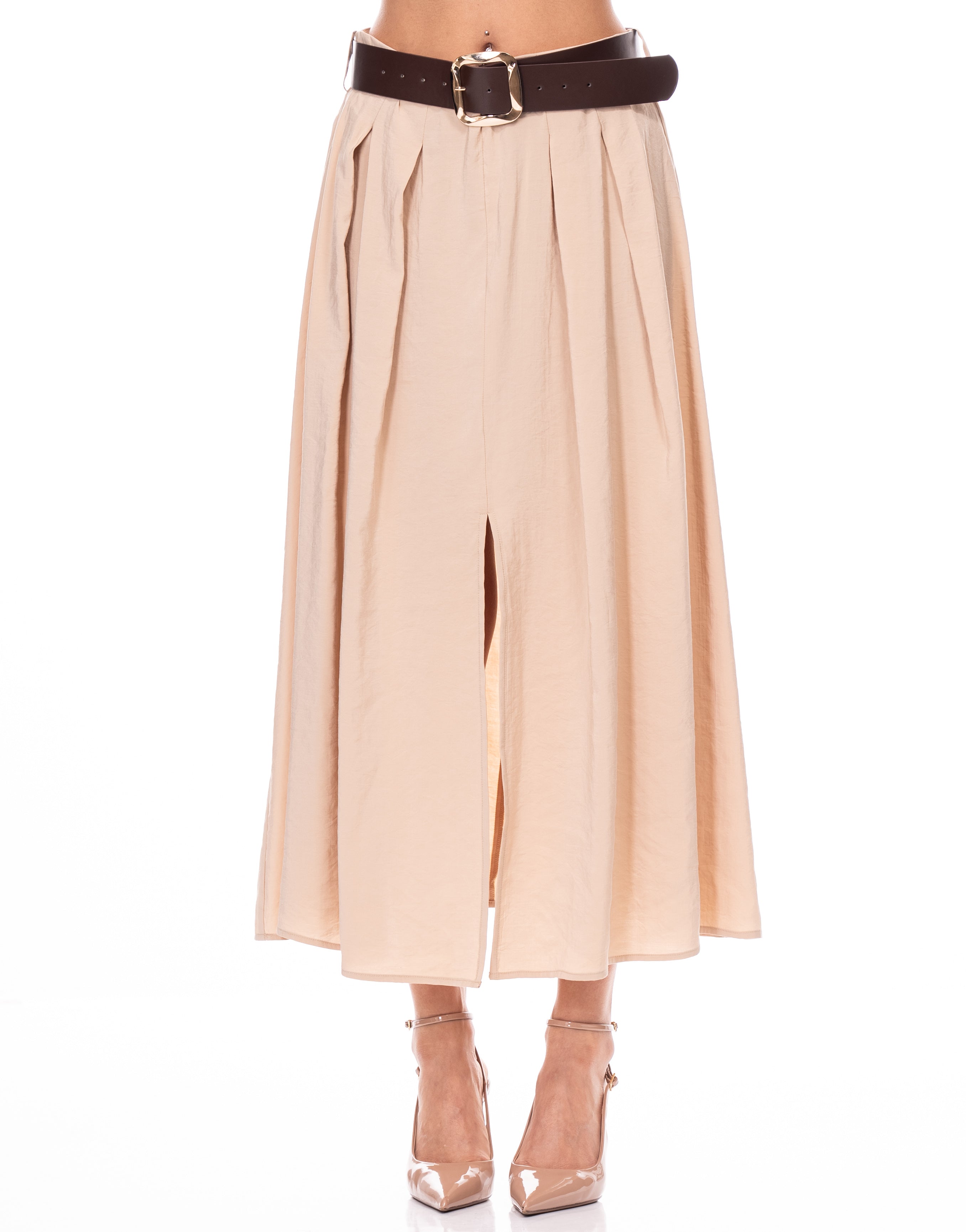 Pleated Midi Skirt with Slit - Beige