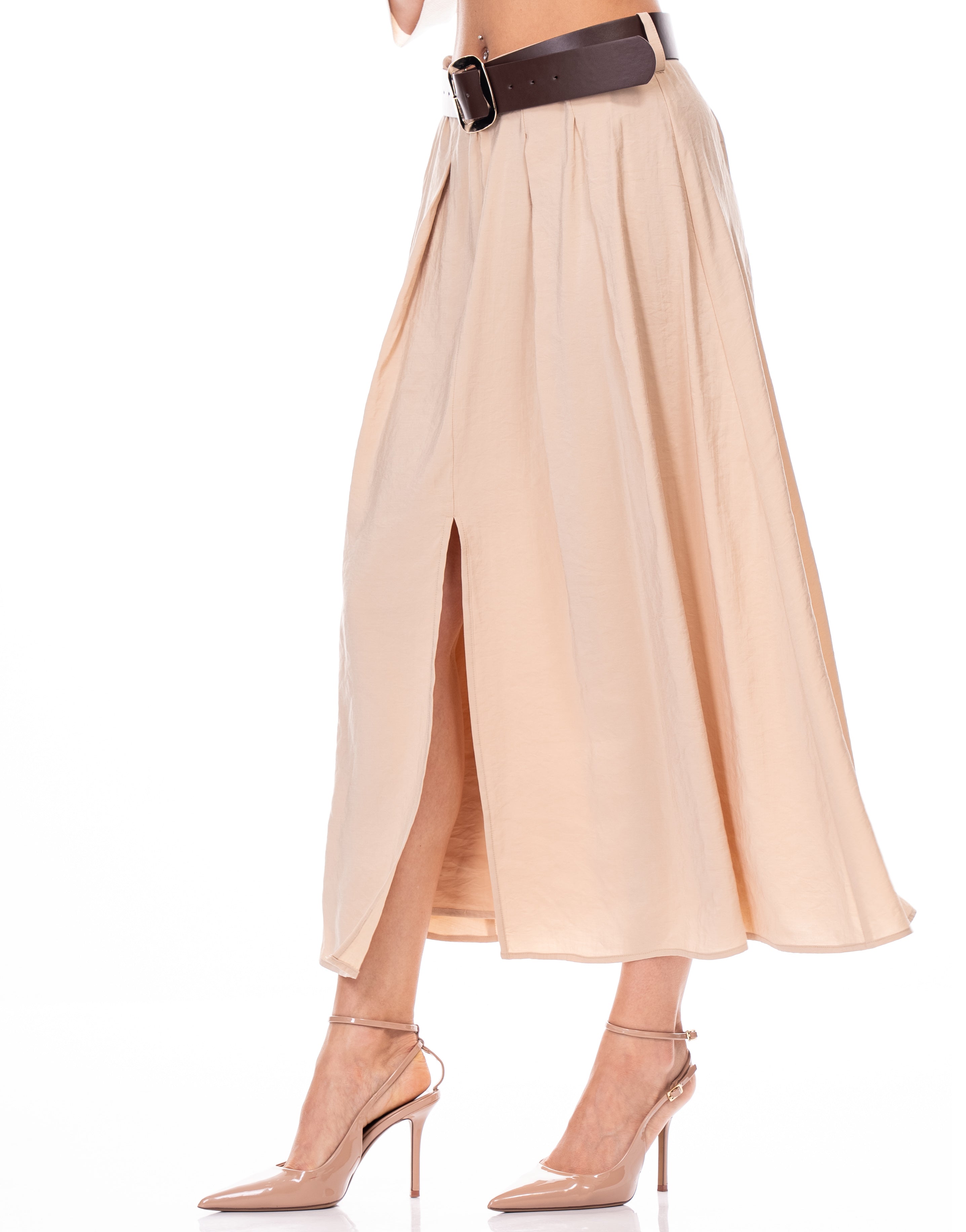 Pleated Midi Skirt with Slit - Beige