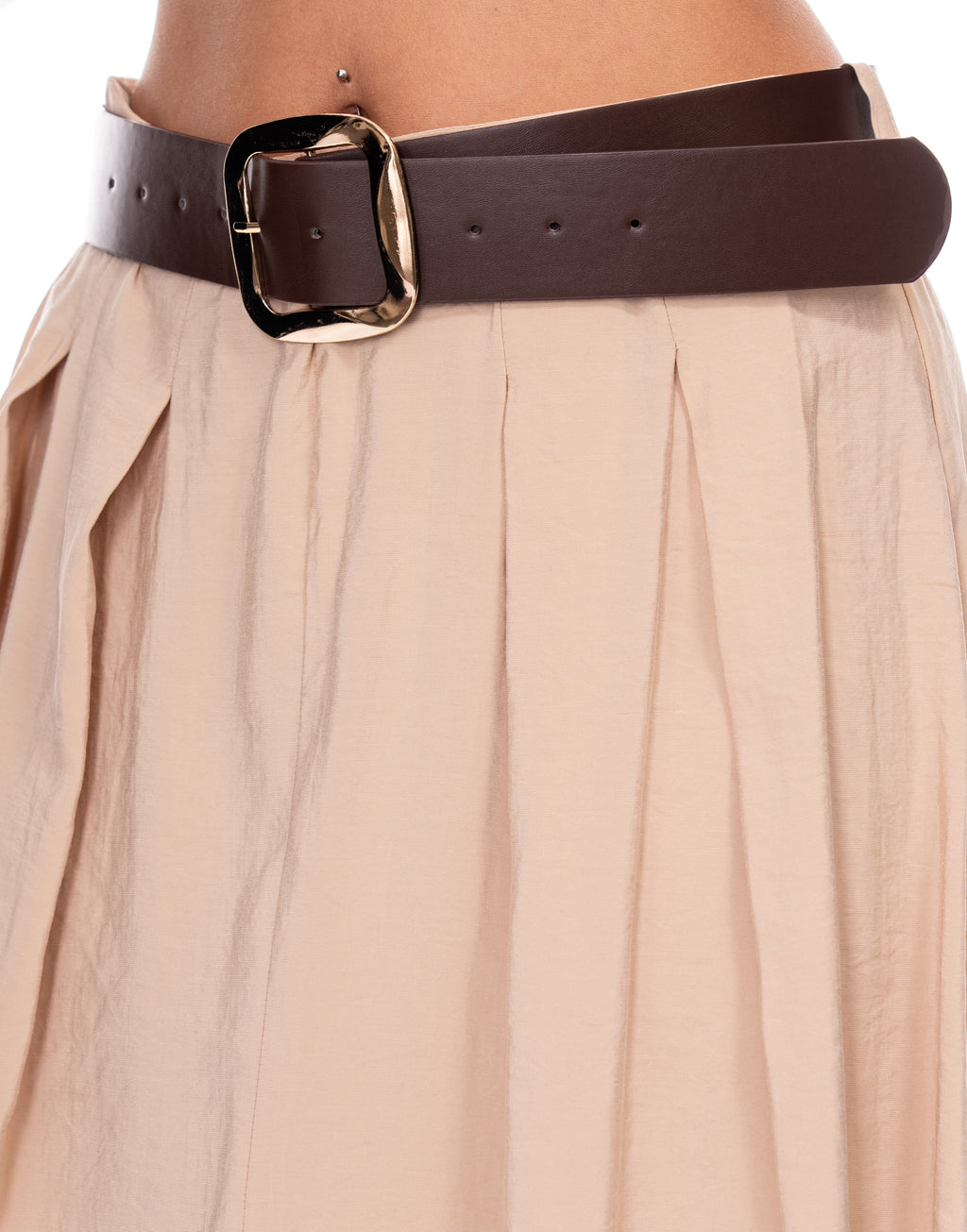 Pleated Midi Skirt with Slit - Beige