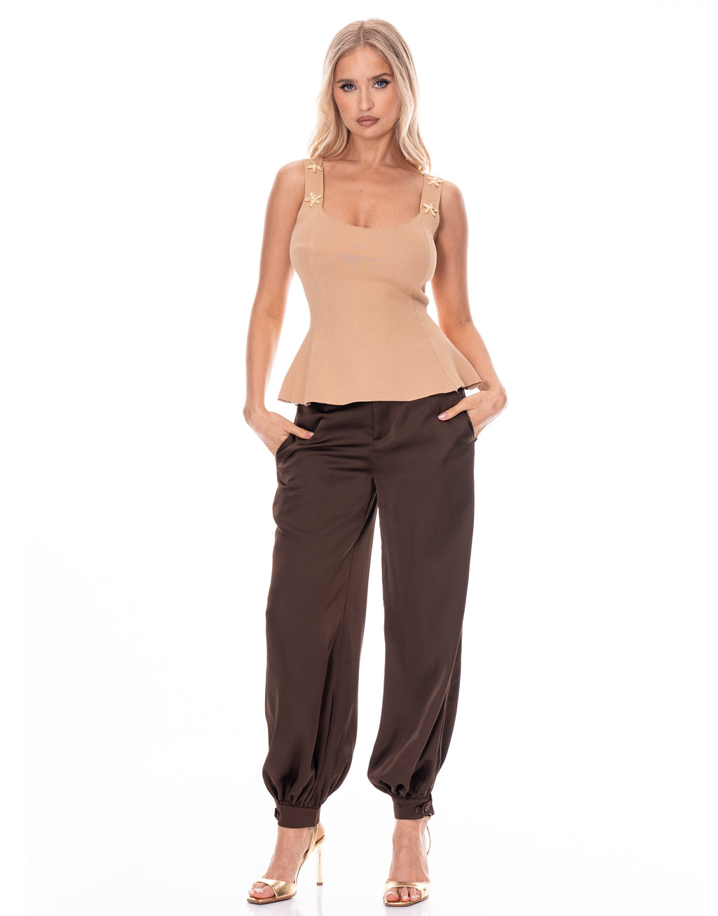 Gold Detail Peplum Tank - Camel
