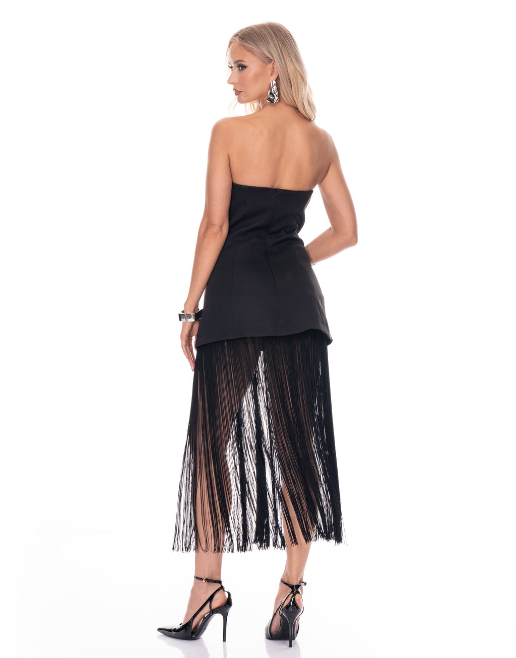 Strapless Fringe Midi Dress - Black