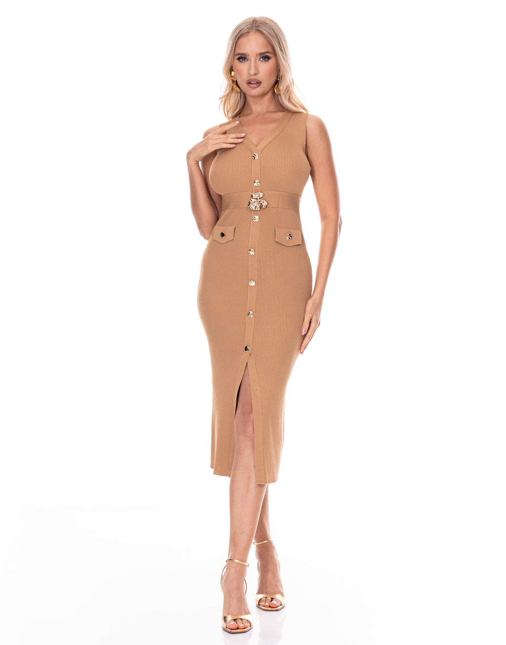 Button-Front Midi Dress - Camel