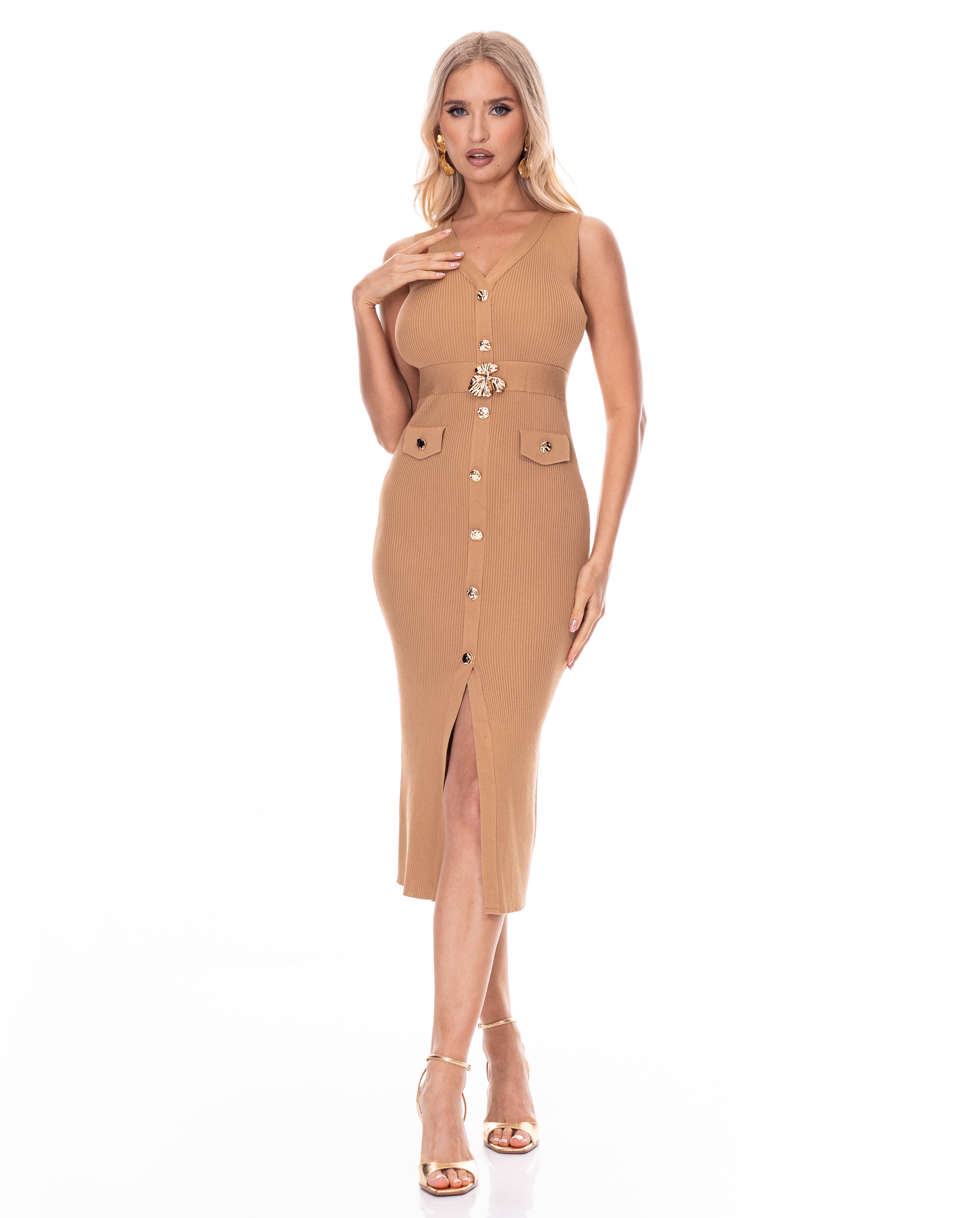 Button-Front Midi Dress - Camel