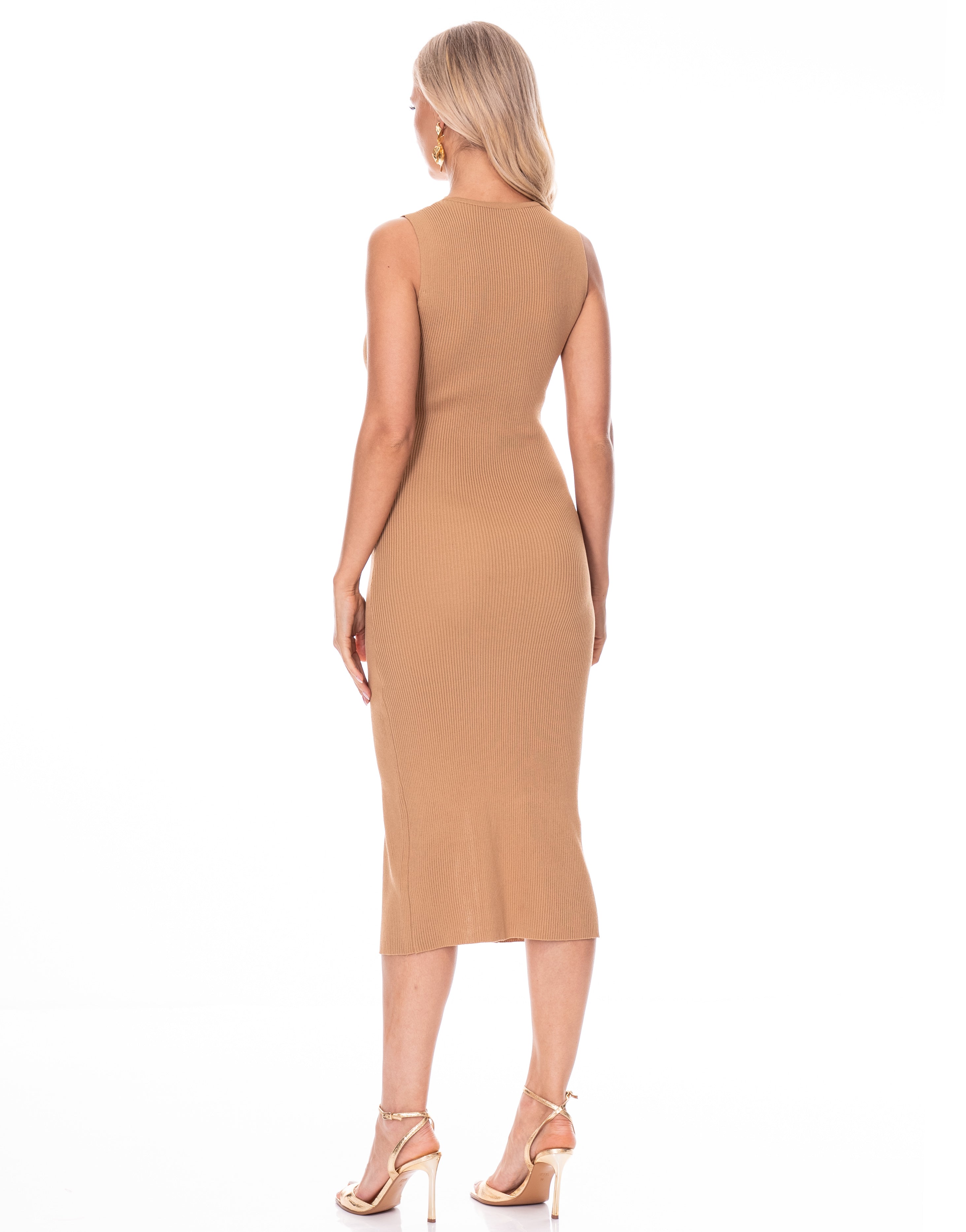 Button-Front Midi Dress - Camel