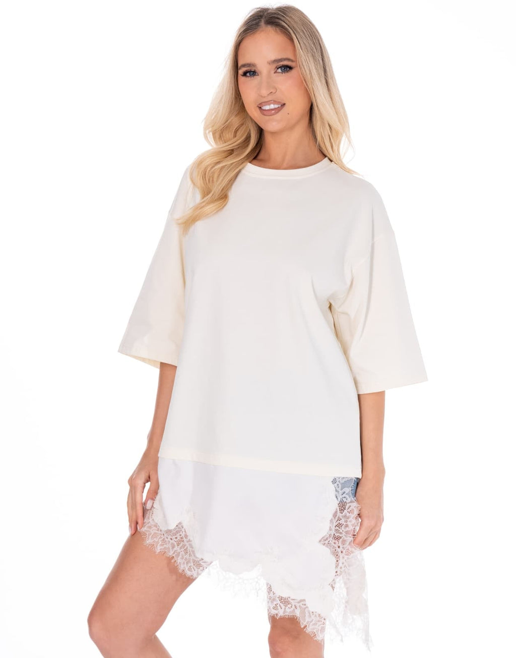 Lace Trim Mini Dress - Beige
