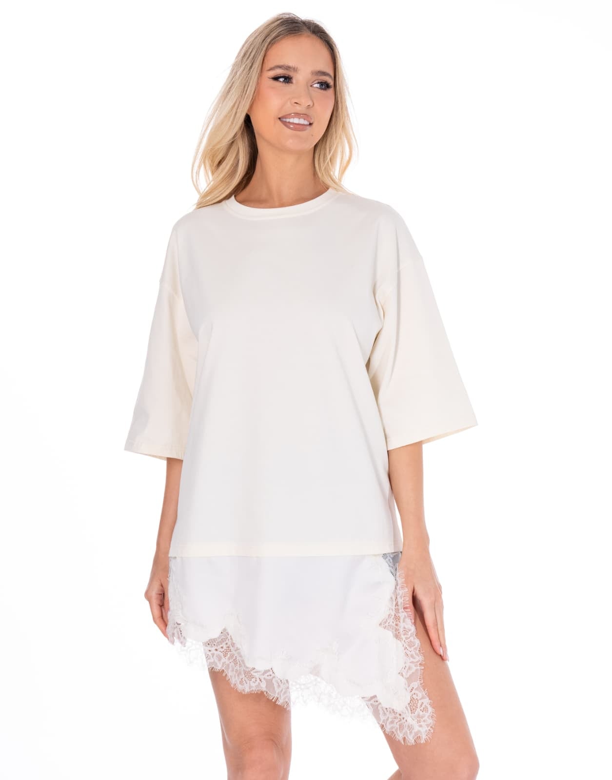 Lace Trim Mini Dress - Beige