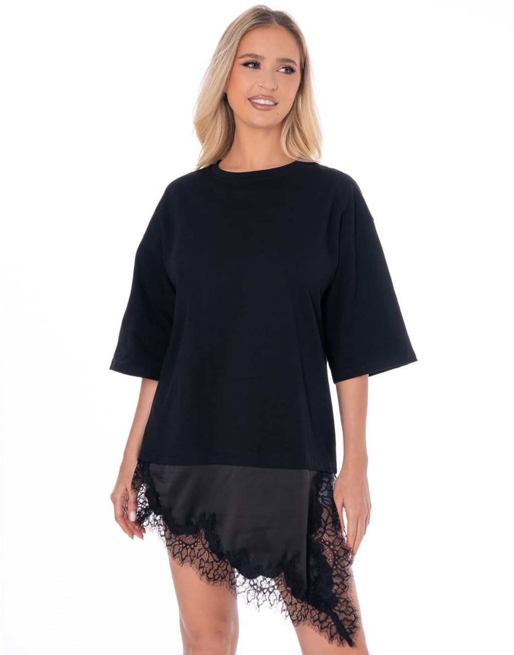Lace Trim Mini Dress - Black