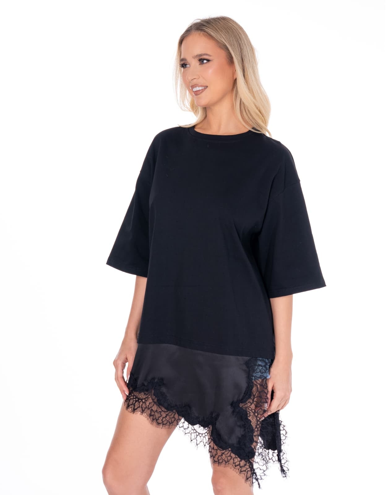 Lace Trim Mini Dress - Black