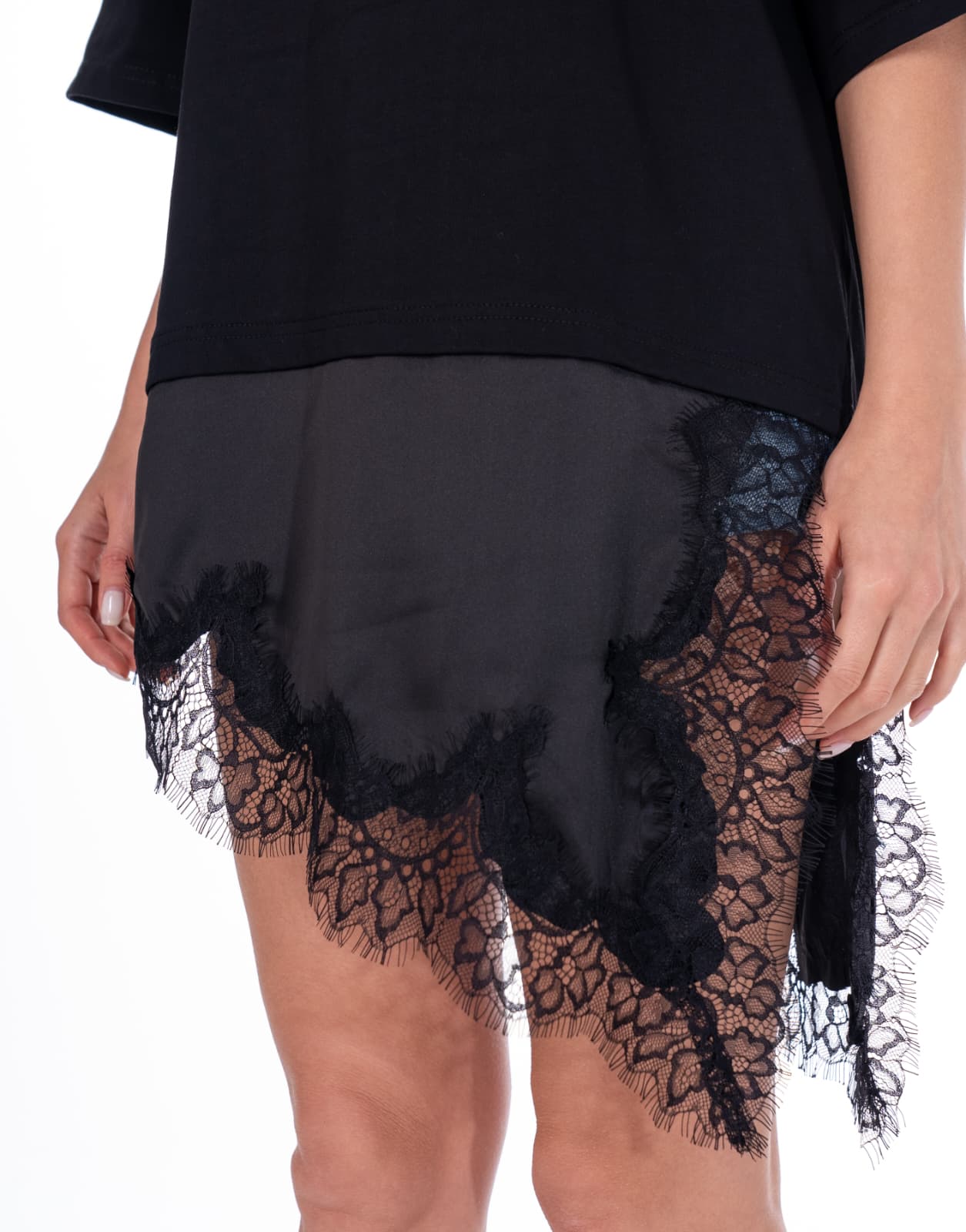 Lace Trim Mini Dress - Black