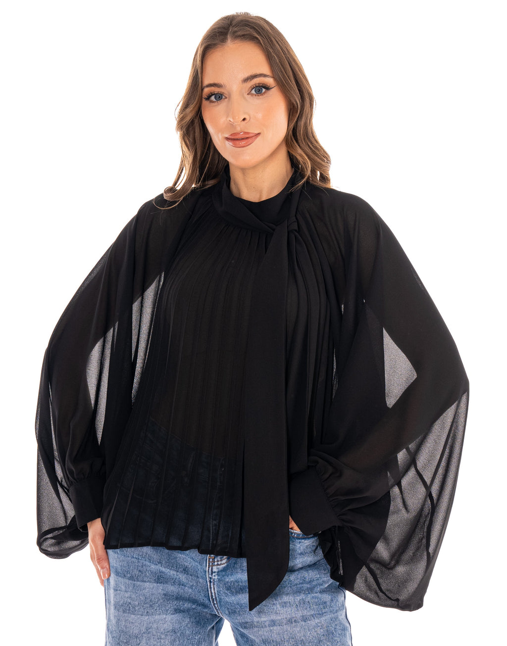 Pleated Blouson Long-Sleeve Top - Black