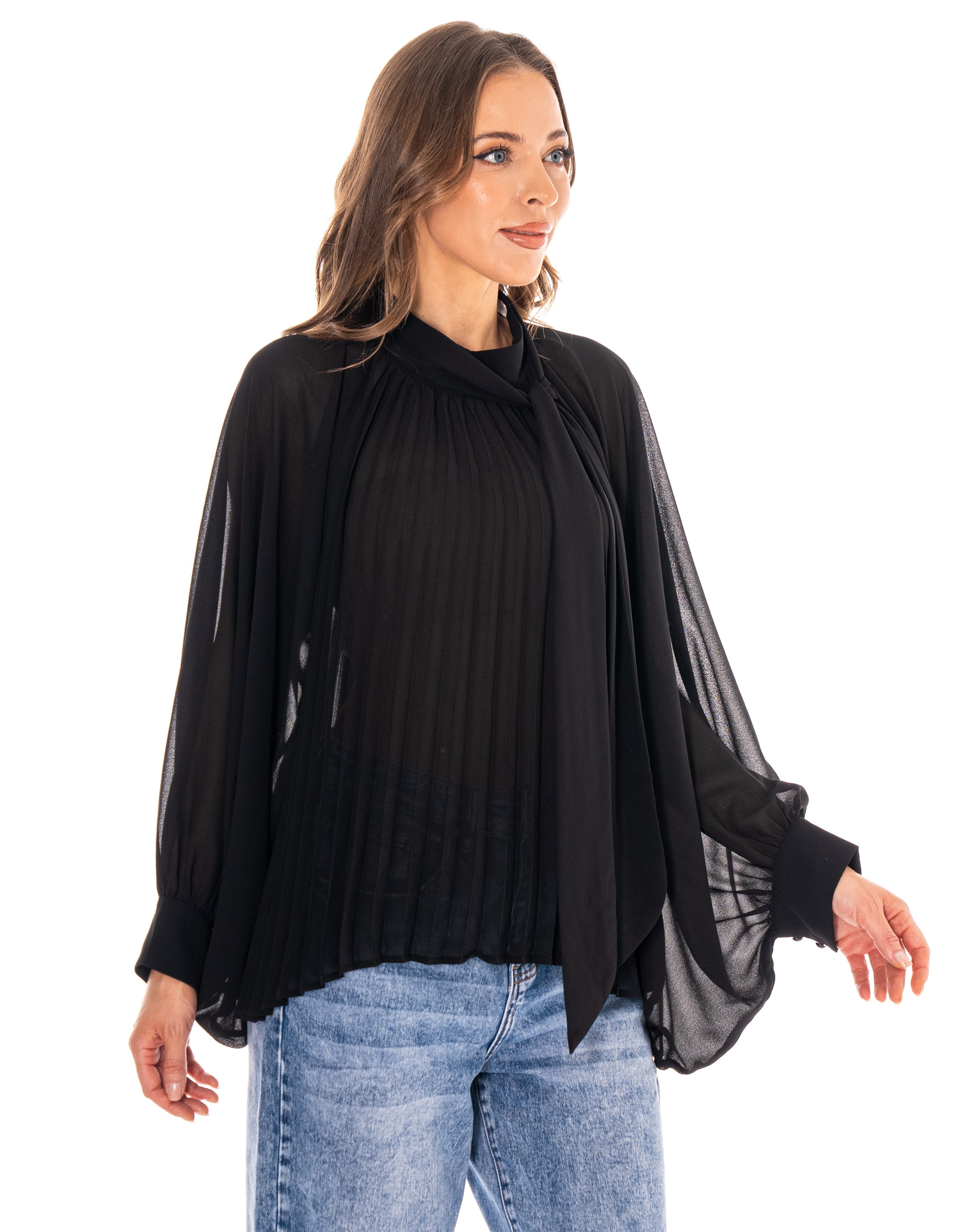 Pleated Blouson Long-Sleeve Top - Black