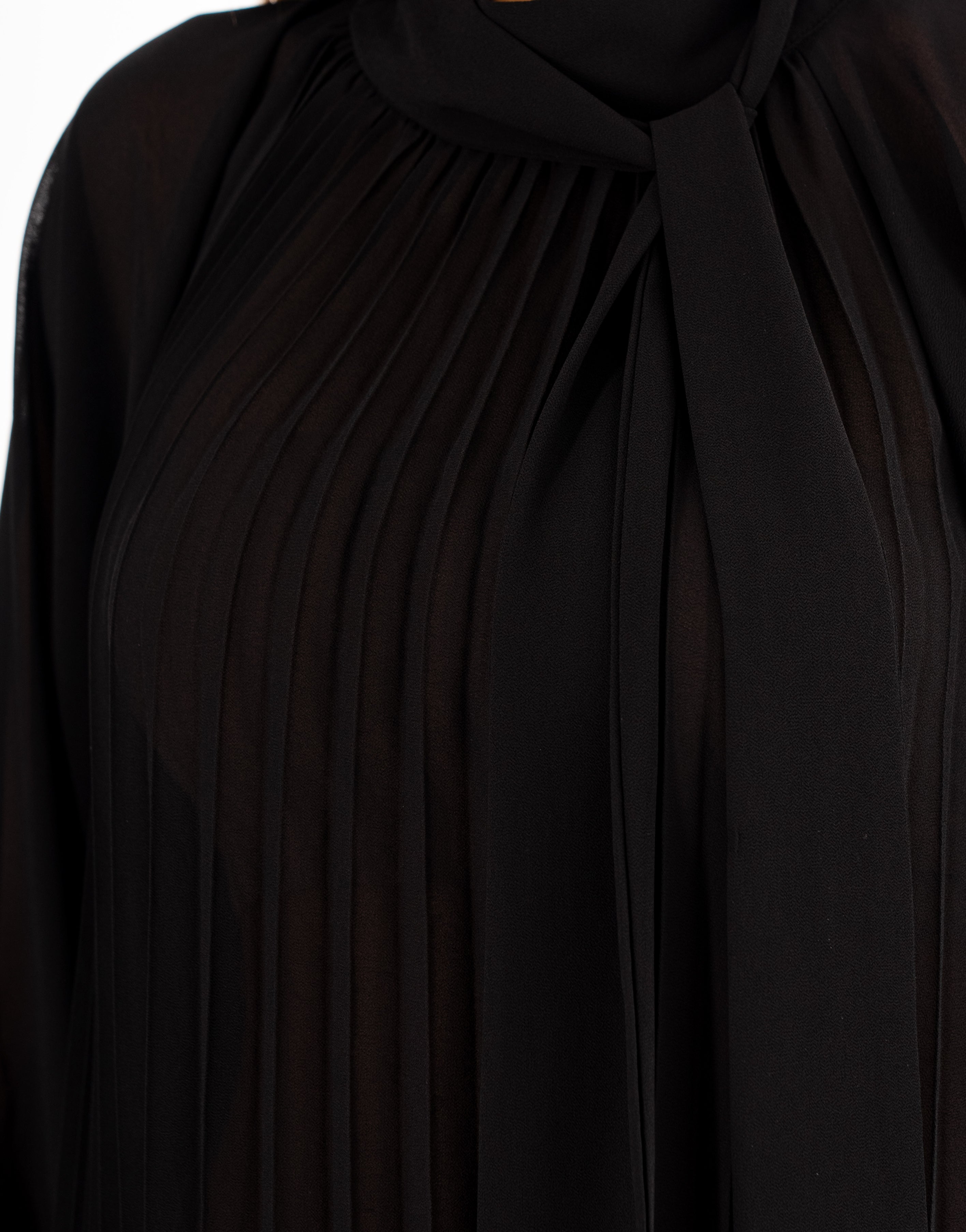 Pleated Blouson Long-Sleeve Top - Black