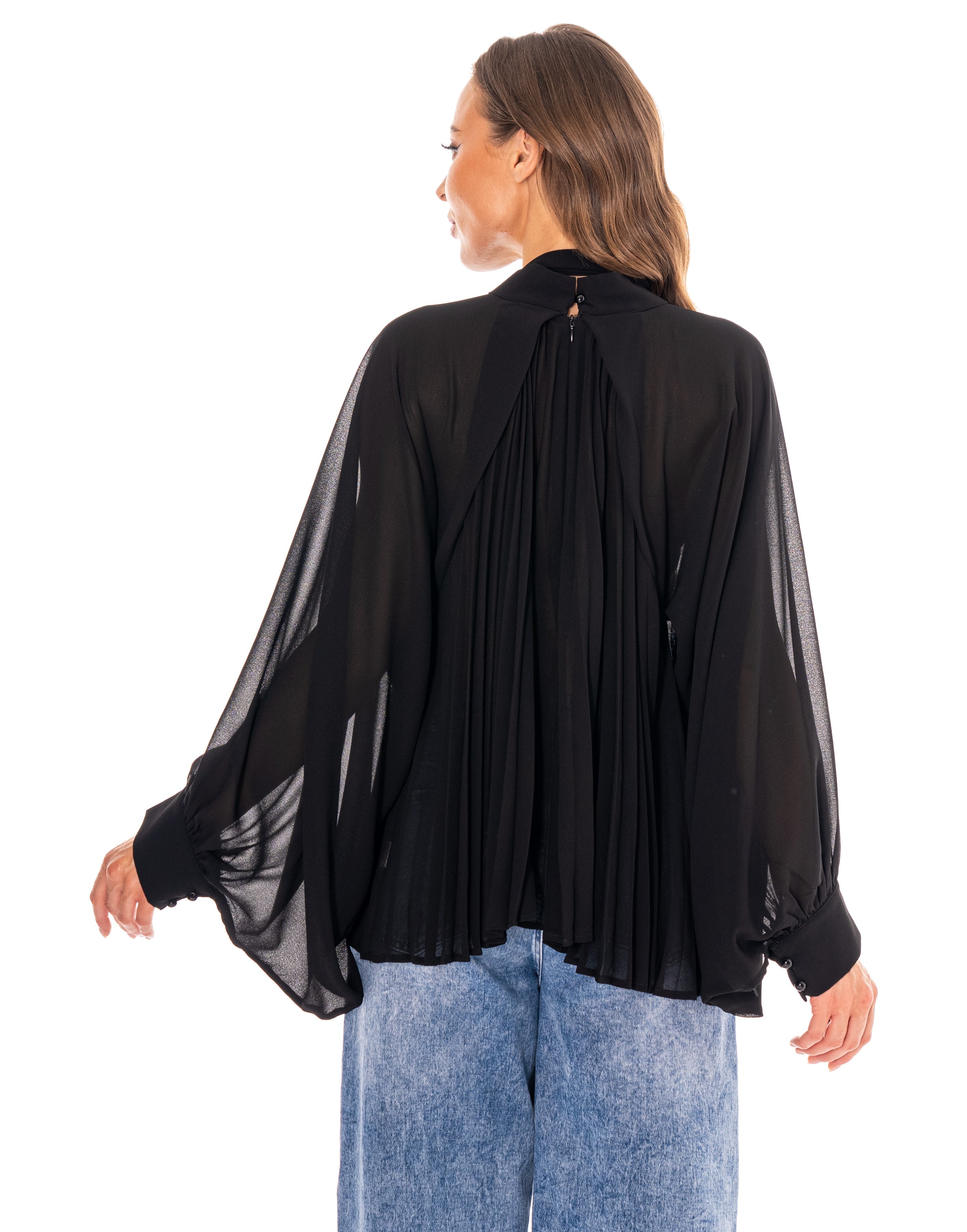 Pleated Blouson Long-Sleeve Top - Black