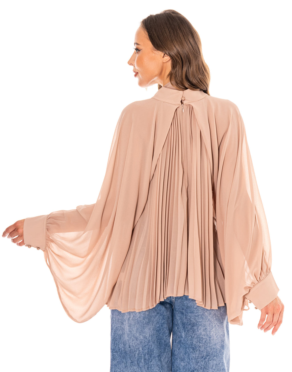 Pleated Blouson Long-Sleeve Top - Camel