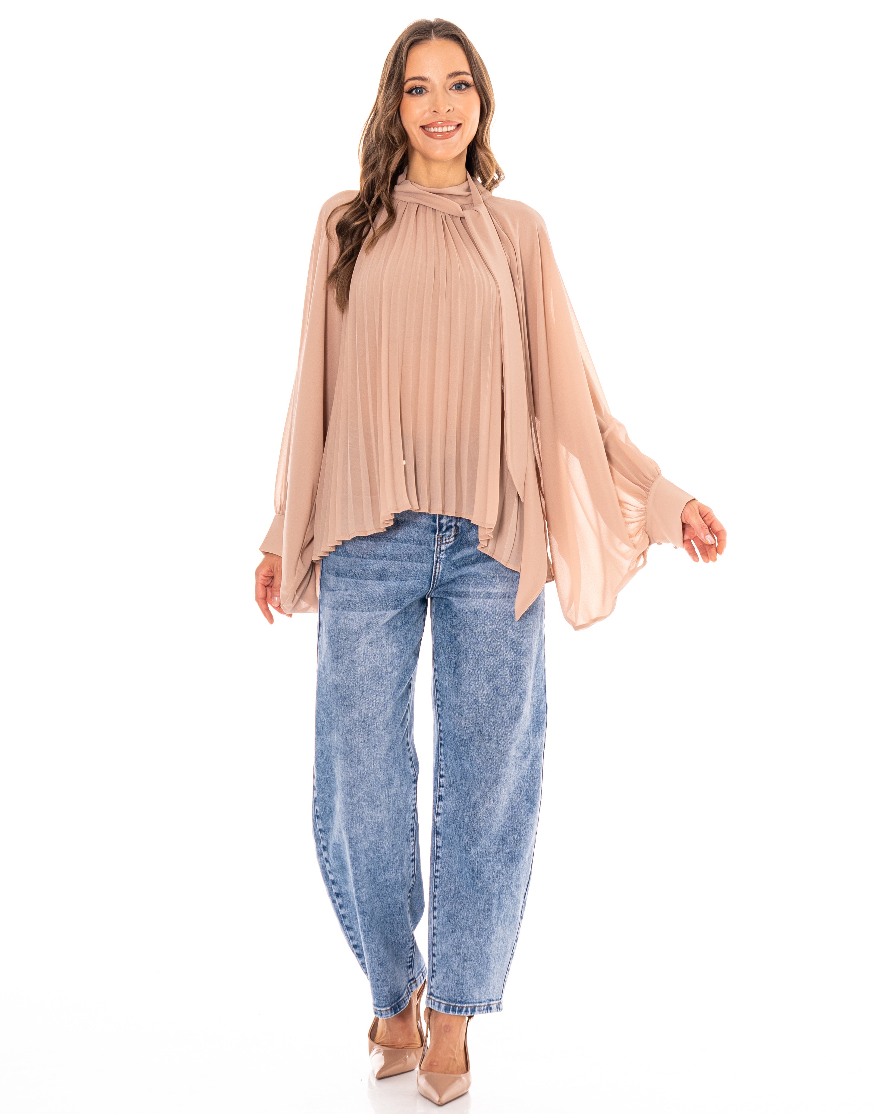 Pleated Blouson Long-Sleeve Top - Camel
