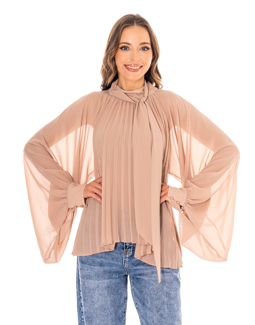 Pleated Blouson Long-Sleeve Top - Camel