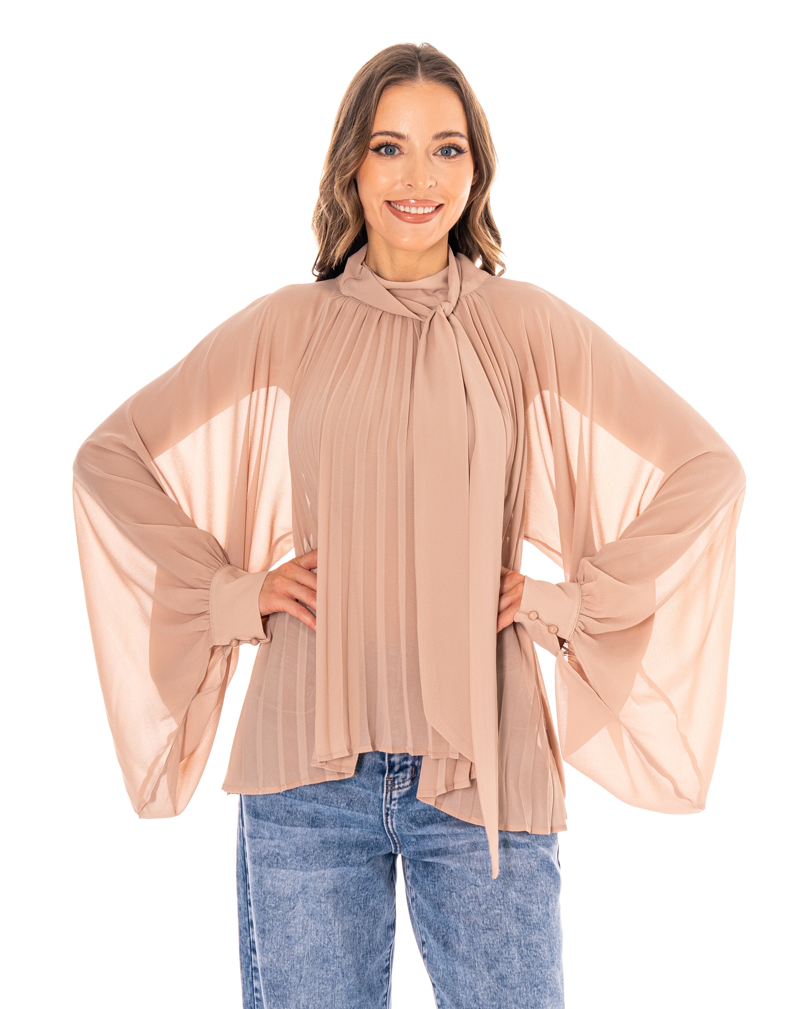 Pleated Blouson Long-Sleeve Top - Camel
