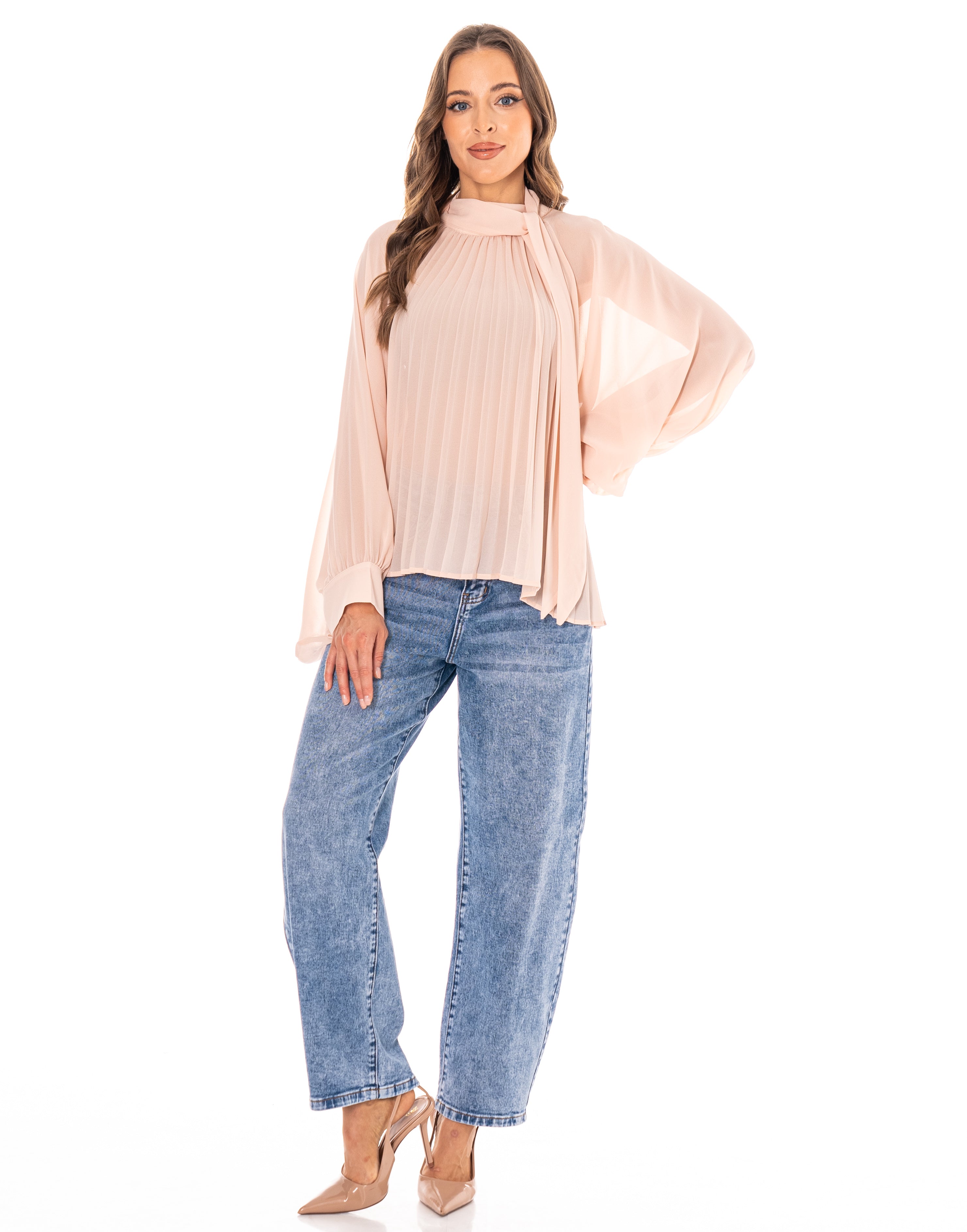 Pleated Blouson Long-Sleeve Top - Pink