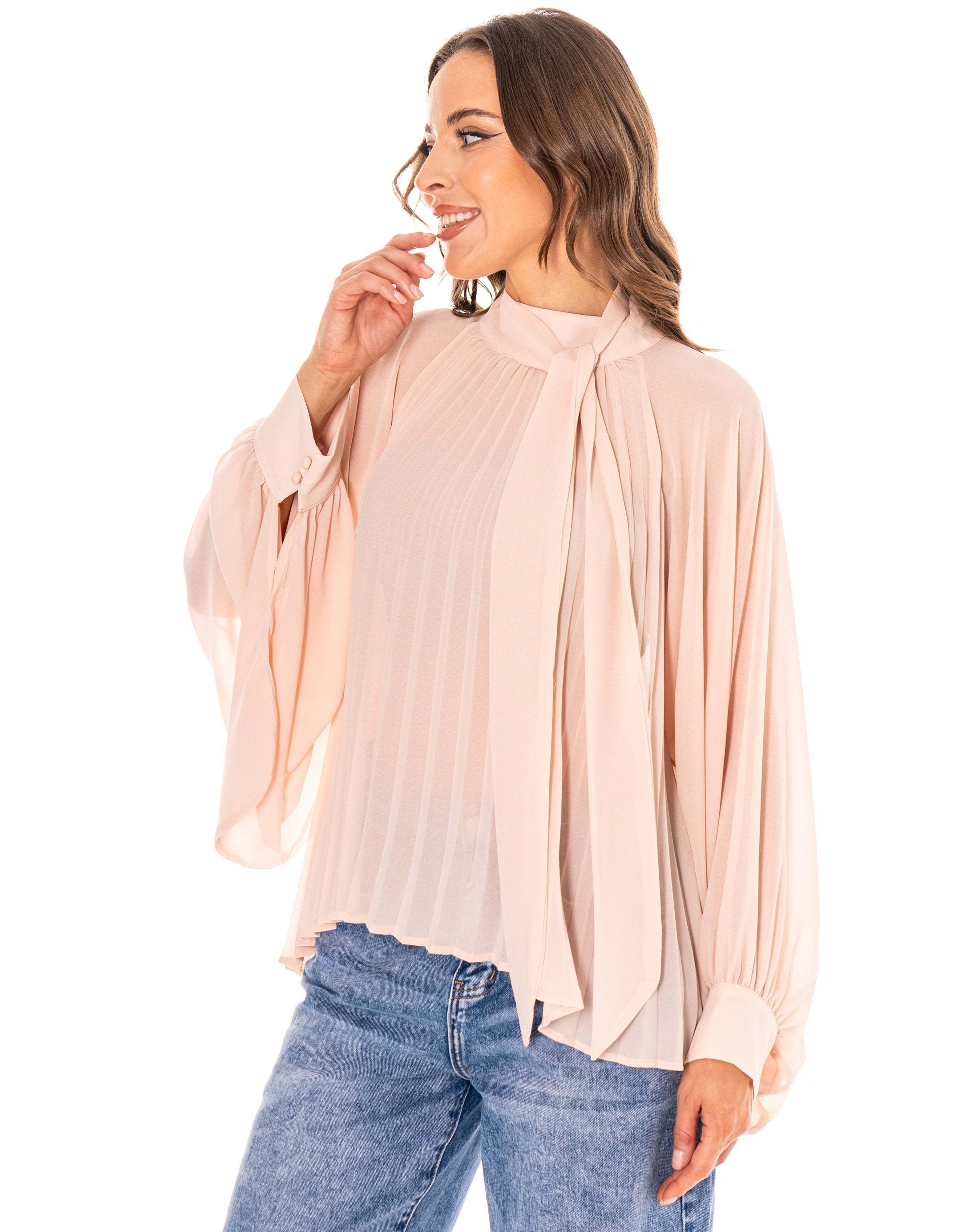 Pleated Blouson Long-Sleeve Top - Pink