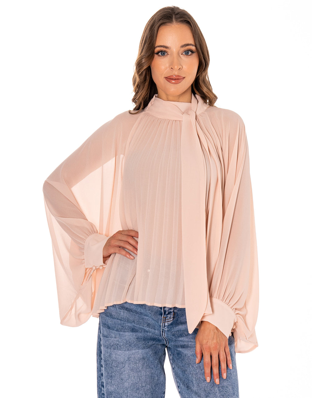 Pleated Blouson Long-Sleeve Top - Pink