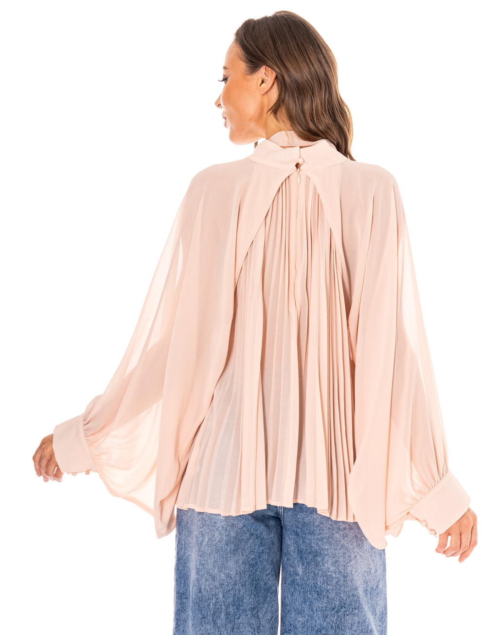 Pleated Blouson Long-Sleeve Top - Pink