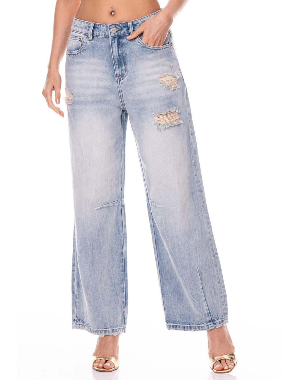 Distressed Wide-Leg Jeans - Denim